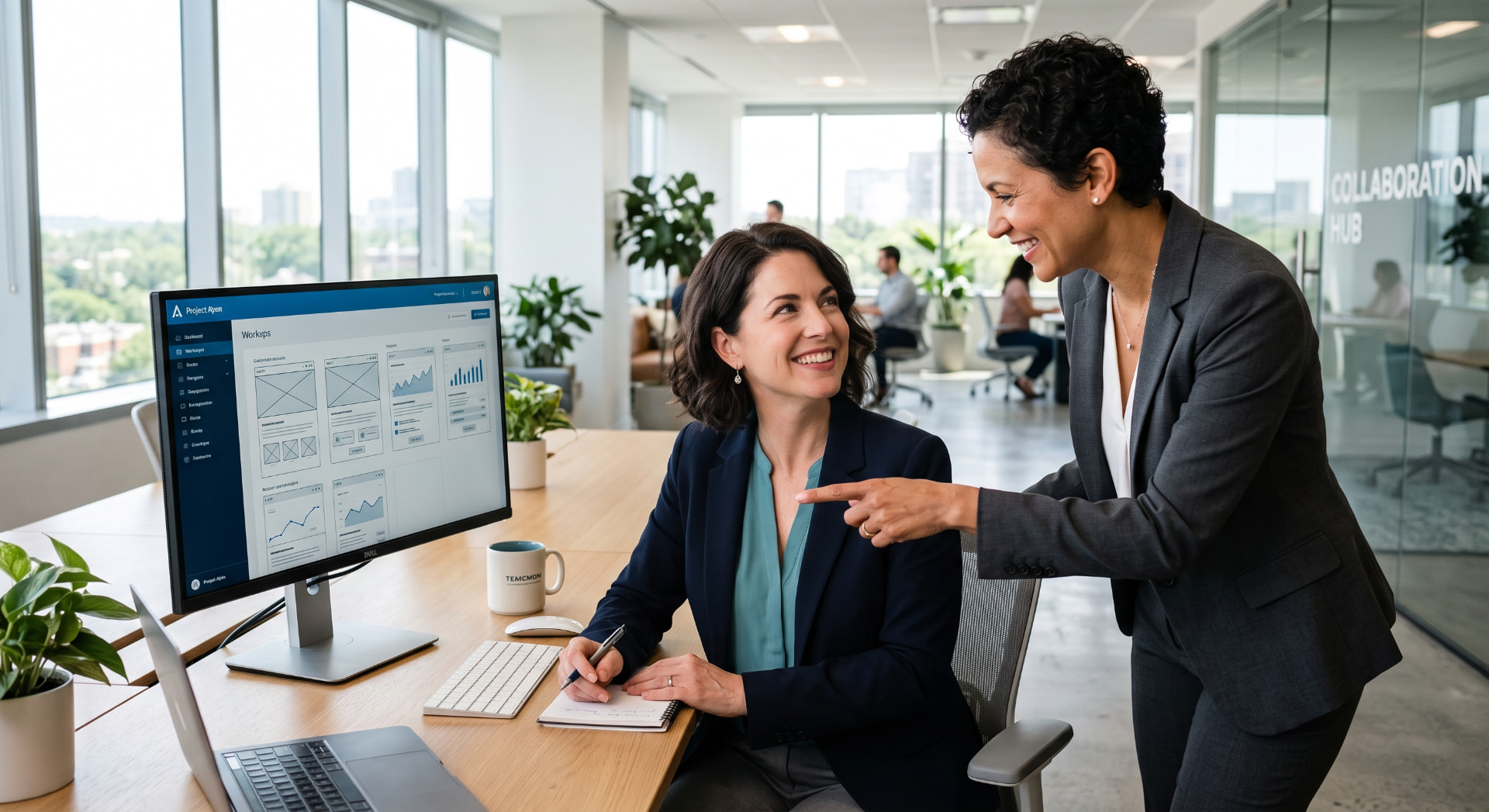 Two professionals collaborating at a bright, modern office desk with a project dashboard on screen